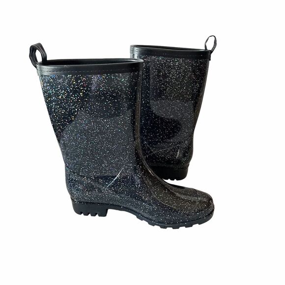 CAPELLI Womens Black Glitter Mid Calf Weatherproof Wellies Rain Boots US 6 - Picture 7 of 10